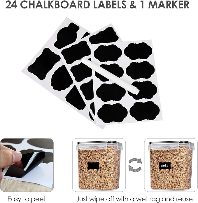 Vtopmart Airtight Food Storage Containers 12 Pieces 1.5qt / 1.6L- Plastic BPA Free Kitchen Pantry Storage Containers for Sugar, Flour and Baking Supplies - Dishwasher Safe - Include 24 Labels, Black