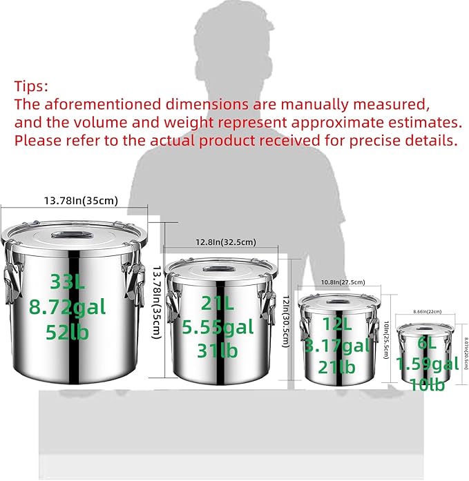 stainless steel food storage containers with lids lock clips airtight container large airtight for rice flour sugar grain coffee bean storage containers Kitchen jar (1.59gal/6L)