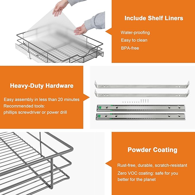 ALINE FURNITURE Pull Out Cabinet Organizer - 17" W x 22" D Soft Close Pullout Shelves for Kitchen Cabinets - Slide Out Drawers, Heavy Duty Steel Wire