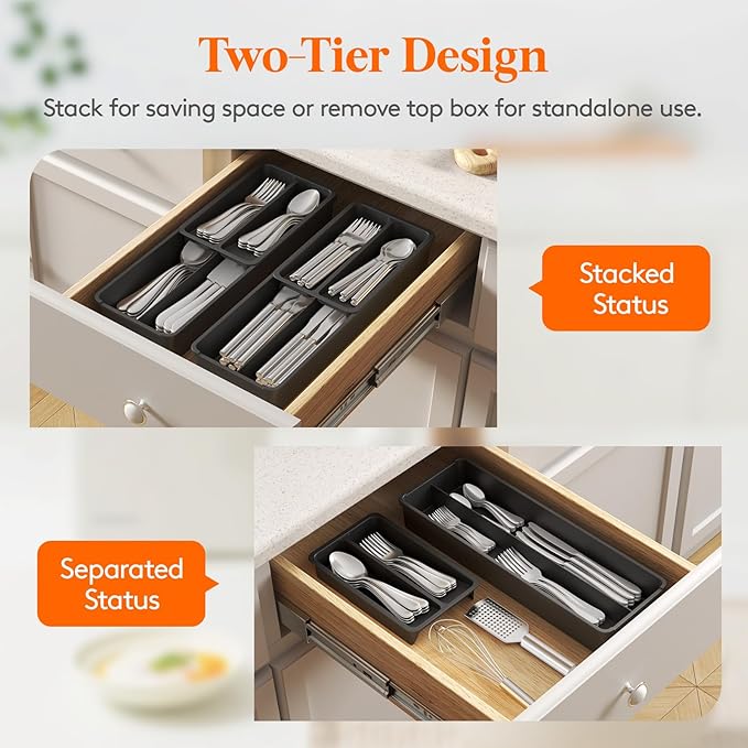 Lifewit Compact Silverware Organizer for Kitchen Drawer, Narrow Flatware Tray Holder, Plastic Cutlery Spoons, Forks and Knives Storage, Black, 2 Pack