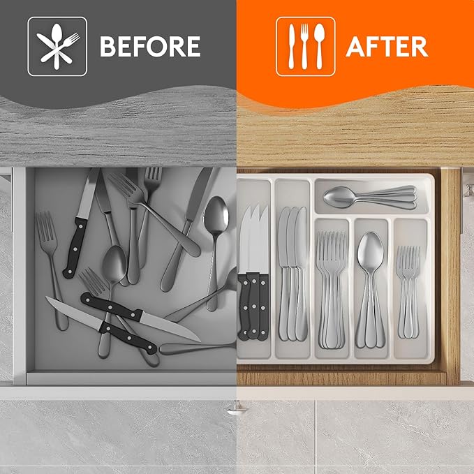 Lifewit Silverware Drawer Organizer Tray, Plastic Cutlery Storage for Kitchen Drawer, Flatware and Utensil Holder Divider for Spoons Forks Knives Tableware, 6 Compartment, White