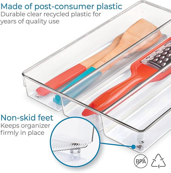 iDesign Linus Plastic Kitchen Drawer Utensil Organizer, Divided Storage Container for Silverware, Spatulas, Gadgets, 3.8" x 10.5" x 2" - Clear