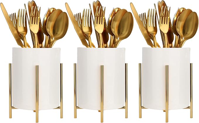 Coffee Spoon Holder,White Ceramic Silverware Caddy With Golden Metal Frame Chic & for Coffee Bar
