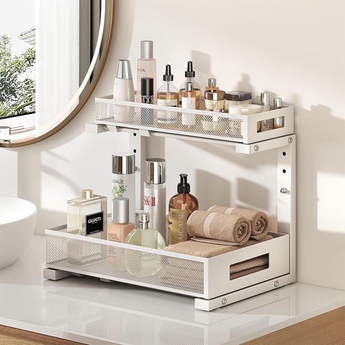 2-Pack Under Sink Storage Organizer, Large 2-Tier Elegant Mesh Pull Out Shelf for Kitchen and Bathroom Cabinet Organization, L-Shaped and Adjustable Height Design for Maximum Space Efficiency-White