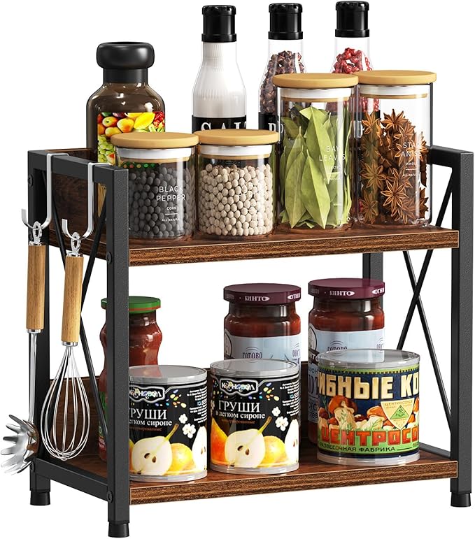 Snughome Kitchen Countertop Organizer,2 Tier Spice Rack Organizer for Countertop,Wood Kitchen Counter Shelf Organizer with Hooks (Rustic Brown,Small)