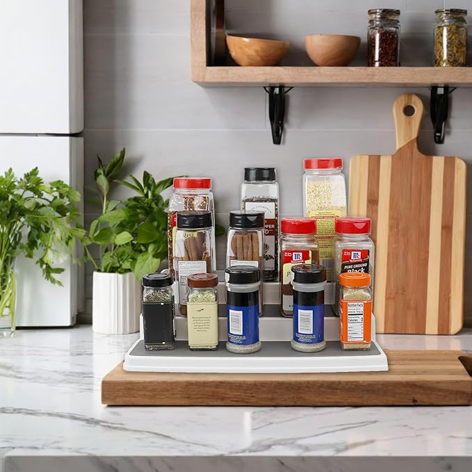 Home Basics 3-Tiered Plastic Expandable Spice Rack with Silicone Lined Anti-Slip Tiers, (White) Adjustable Length Kitchen Organizer for Cabinet, Pantry or Countertop