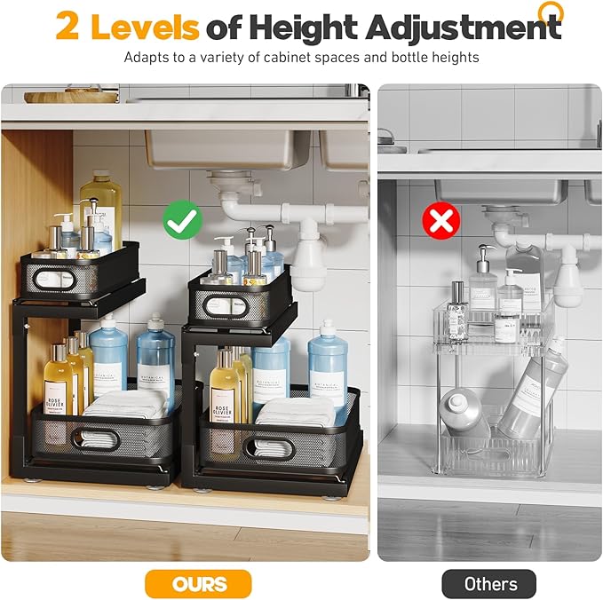2-Pack Under Sink Storage Organizer With 2-Tier Slide Out Drawer, Sophisticated Mesh Pull Out Shelf For Kitchen & Bathroom, Fits Small Items, Upgraded Arched Track For Smooth Gliding,Height Adjustable