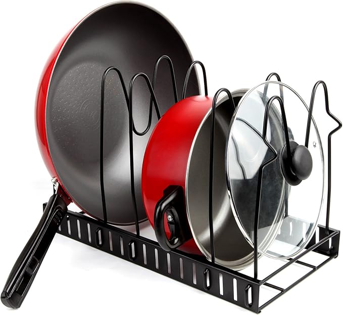 Vdomus Adjustable Pots and Pans Rack for Kitchen - Height Adjustable Rack - Kitchen Cookware Storage - Cabinet and Pantry Pan and Pot Lid Holder Organizer - Black Metal (Black) - 8.3"D x 15"W x 10"H