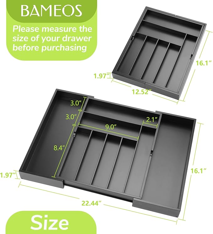 BAMEOS drawer organizer flatware organizer cutlery tray silverware organizer expandable adjustable bamboo drawer organizer kitchen bathroom