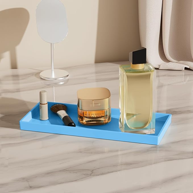Vanity and Bathroom Tray, 11.8" ABS Countertop Organizer,Waterproof Vanity Tray for Toilet Tank,Perfume,Soap,Keys,Bathroom Accessories,Kitchen and Bath Trays,Non Slip Small Trays,Blue