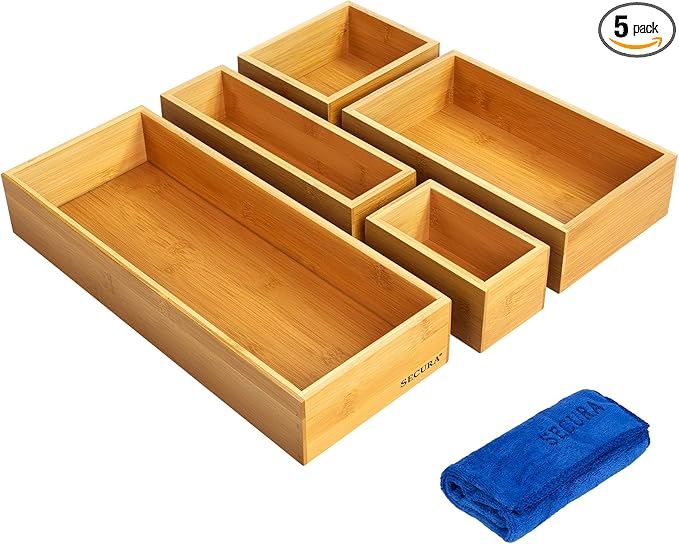 Secura Kitchen Drawer Utensil Organizer Box Set ๐ฑ ๐ฃ๐ฎ๐ฐ๐ธ, Bamboo Utensil Holder Cutlery Makeup Silverware Jewelry Flatware Organization Tray for Kitchen, Bathroom, Office and Living Room