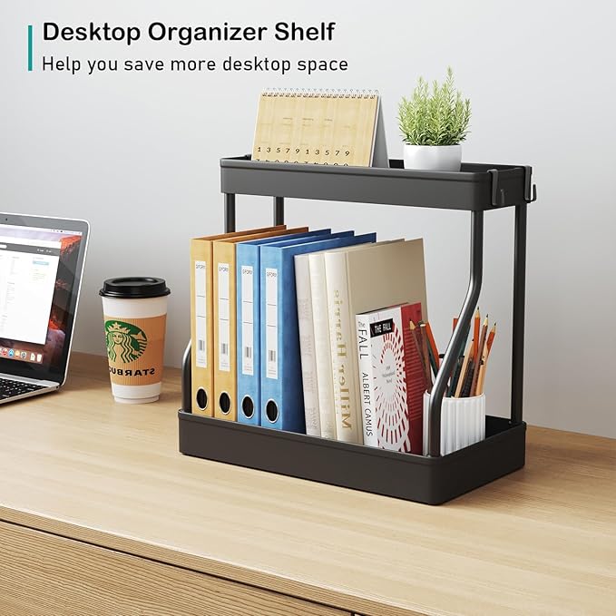 Coffee Bar Station Organizer for Countertop,Coffee Mug Cup Holder for Counter,Kitchen Countertop Organizer Shelves with 4 Hooks,Black (Large)