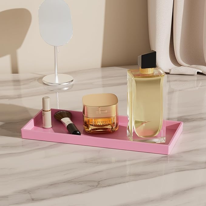Vanity and Bathroom Tray, 11.8" ABS Countertop Organizer,Waterproof Vanity Tray for Toilet Tank,Perfume,Soap,Keys,Bathroom Accessories,Kitchen and Bath Trays,Non Slip Small Trays,Pink