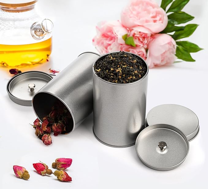 Yesland 6 Pack Tea Tin Canister with Airtight Double Lids, 12 Fluid Oz Tin Can Box and Small Round Kitchen Canisters for Loose Tea, Coffee, Candy, Herbs and Spices(Silver)