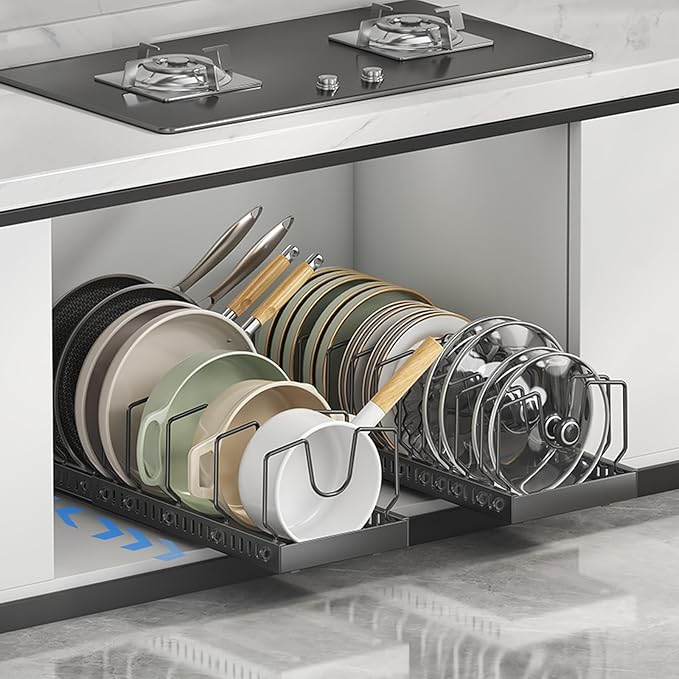 2 Pack Expandable Pots and Pans Organizer Under Cabinet, Sliding Pot Lid Holder and Pan Rack in Kitchen, Pull out Kitchen Cabinet Storage, with 10 Adjustable Dividers