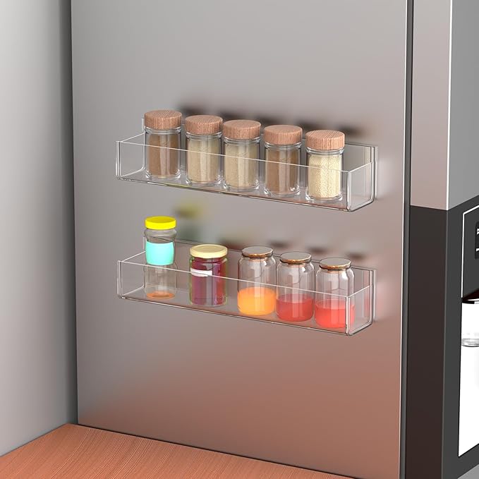 VAEHOLD Adhesive Acrylic Spice Rack with 2 Nano Double Sided Tape Wall Mount Organizer for Bathroom Clear Wall Spice Rack With Shelf Ends for Kitchen Cabinet Door - 4 Pack