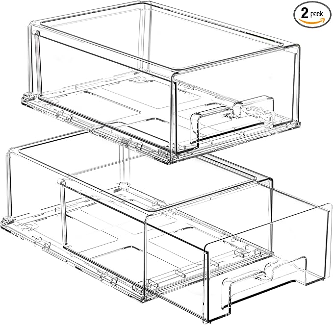 Clear Stackable Storage Drawers - 2 Pack Refrigerator Drawers for Refrigerator Organizers and Storage, Fridge Drawer Organizer for Fruit and Veggie Storage, Acrylic Storage Drawers Pull Out Bin