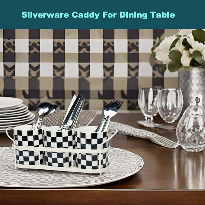 Silverware Caddy Countertop, Utensil Caddy For Party, Cutlery Flatware Organizer Storage, Spoon Fork Holder Basket for Parties Kitchen Coffee Bar Picnic Buffe-Ceramics Black and White Checkered