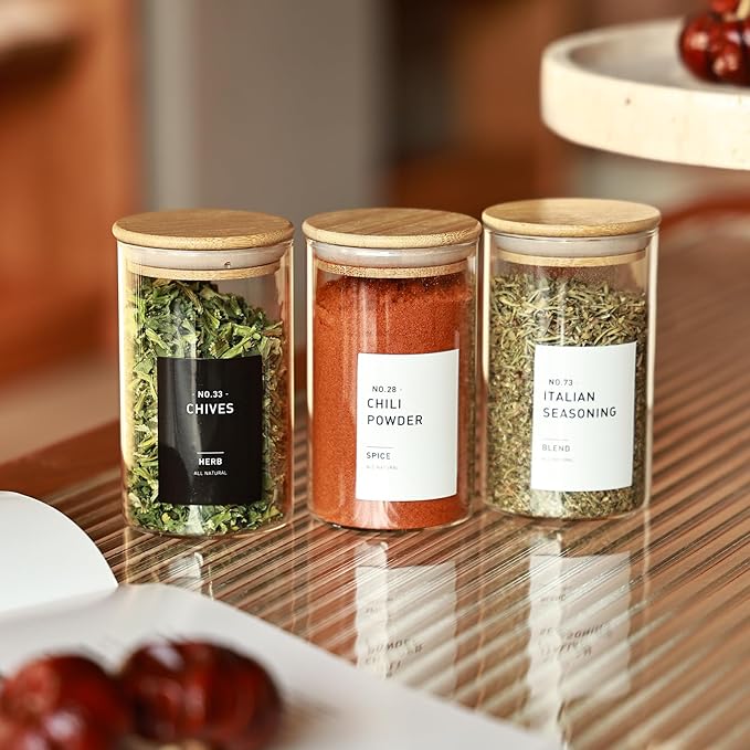 16Pcs Round Glass Spice Jars with Bamboo Lids, include 4oz, 6oz, 8oz, 10oz Empty Containers With 340 Spice Labels Preprinted of White and Black Color, Spice Bottles for Seasoning Organizer