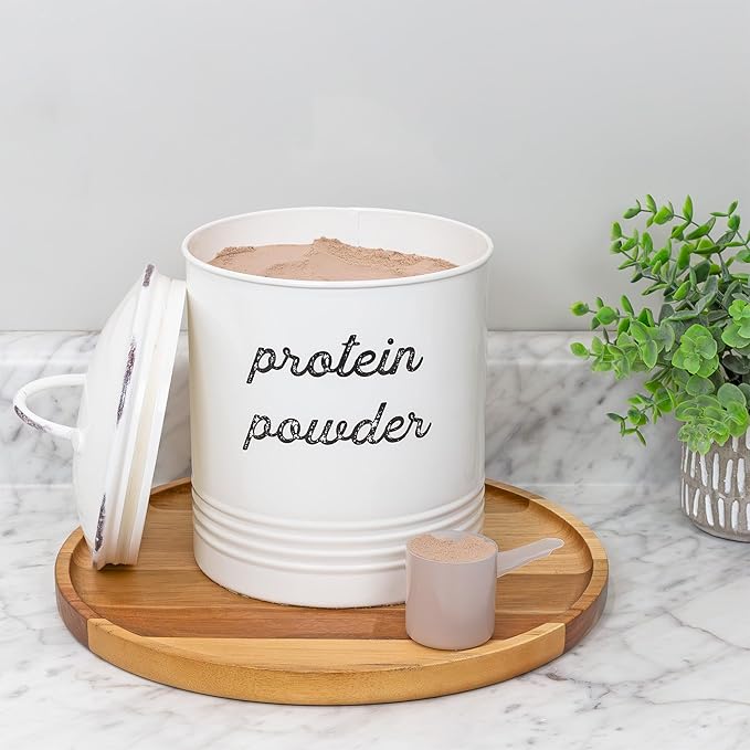 AuldHome Design Enamelware Protein Powder Canister; White Rustic Distressed Style Storage for Kitchen