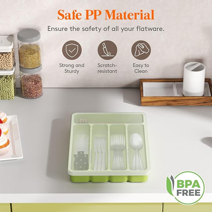 Lifewit Silverware Organizer with Lid, Covered Utensil Tray for Kitchen Drawer and Countertop, Plastic Cutlery and Flatware Storage Box for Spoons Forks Knives Holder Case, 5 Compartments, Green