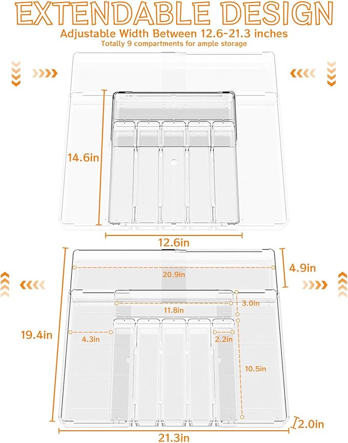 Clear Expandable Silverware Organizers for Kitchen Drawers,Large BPA Free Cutlery Organizer in Drawer,Plastic Utensil Drawer Organizer Suitable as Flatware,Knife,Fork,Spoon,Silverware Holder and Tray