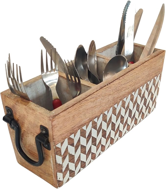 VANIYA CRAFTSR® Handmade Wooden Carved Design Compartments Cutlery Utensil Holder For Napkins, Spoons, Forks, Tissues, Knife (Natural White Finish)