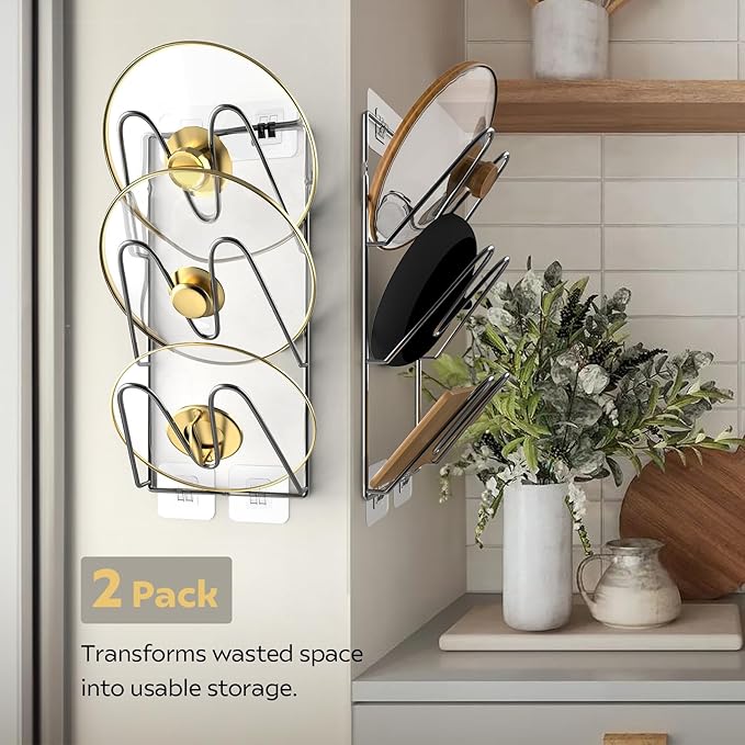 2 Pack Pot Lid Organizer Rack, 6-Tier Pots and Pans Lid Holder Organizer inside Cabinet or Wall/Door, No-Drill Adhesive Mount for Kitchen Storage (Black)