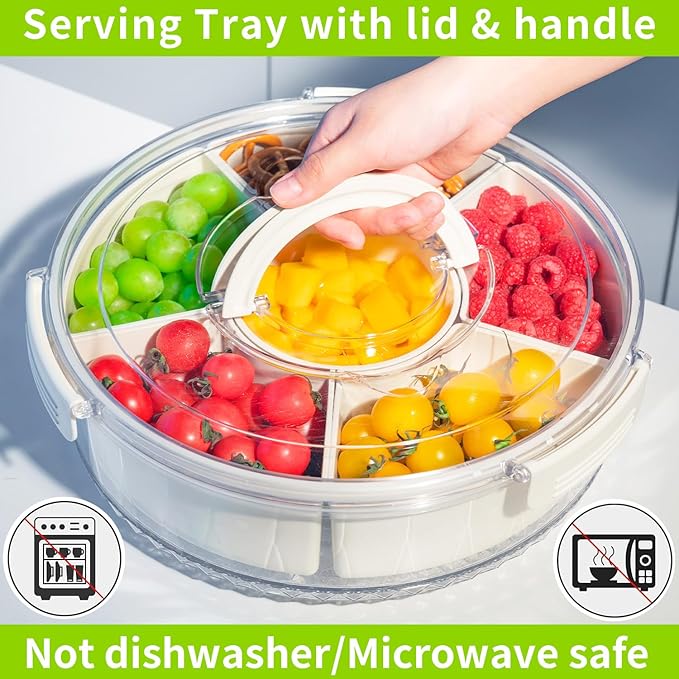 Veggie Tray with Lid and Handle, Divided Serving Tray, Snack Spinner, Portable Snackle Boxs for Candy Fruits Nuts, Clear Fridge Organizer and Storage for Party, Picnic, Travel, Beach
