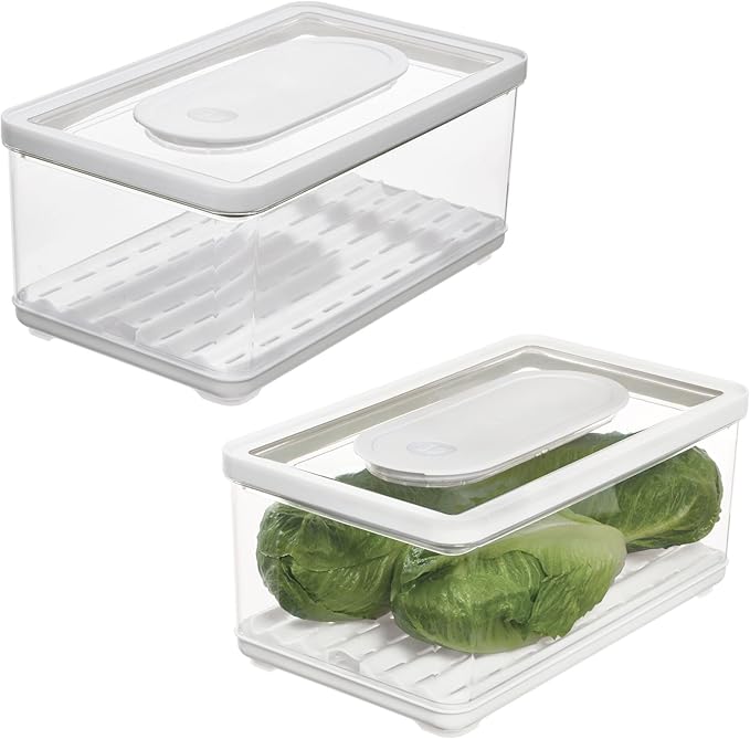 iDesign Large Fridge Produce Bin with Removable Drainage Tray and Lid - Set of 2 - Clear