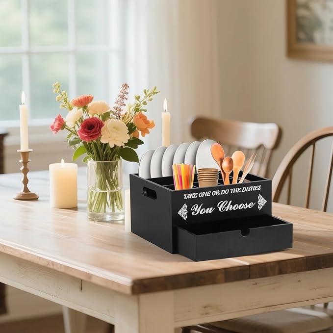 Wooden Paper Plate Dispenser with Drawer, Rustic Kitchen Utensil Caddy & Silverware Organizer for Cups, Spoons, Forks, Plates & Napkins, Kitchen Utensil Holder for Party