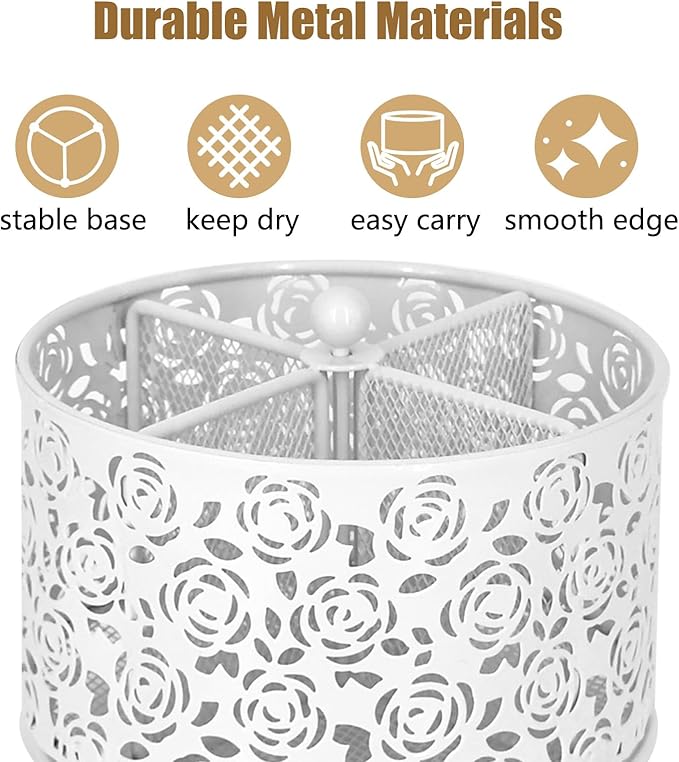 360° Rotating Metal Silverware Caddy - 4 Compartment Utensil Cutlery Holder Fork Spoon Napkin Organizer Flatware Storage Basket Party Countertop Buffet Picnic Camping Outdoor (White)