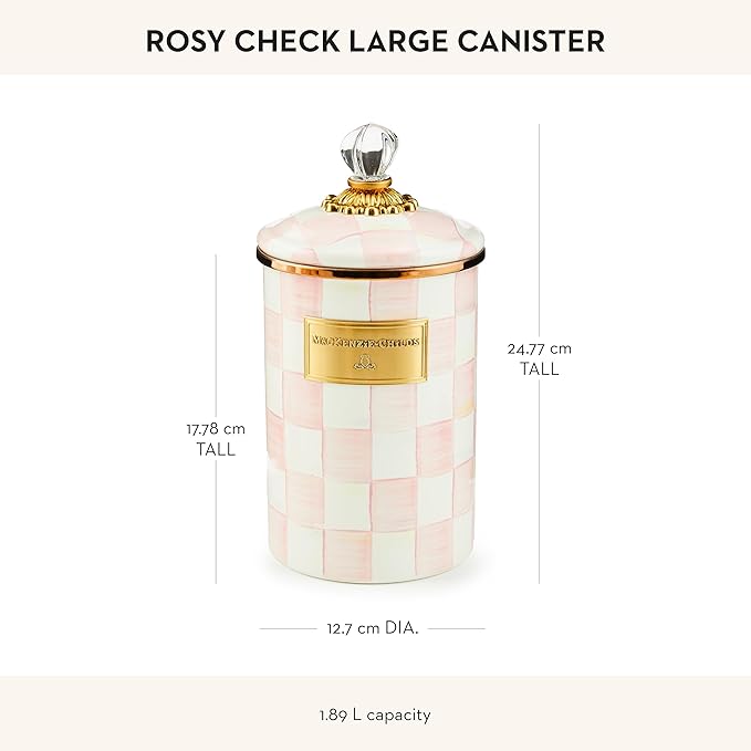MACKENZIE-CHILDS Large Enamel Canister, Kitchen Storage Container for Flour and Sugar, 1.89 Liters, Pink-and-White Rosy Check