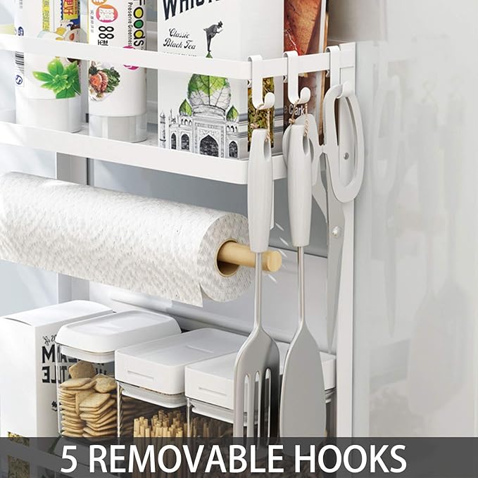 EASTTOWEST Magnetic Spice Rack,4 Tier Kitchen Magnetic Shelf for Refrigerator with 2 Paper Towel Holders and 5 Removable Hooks,Matte White