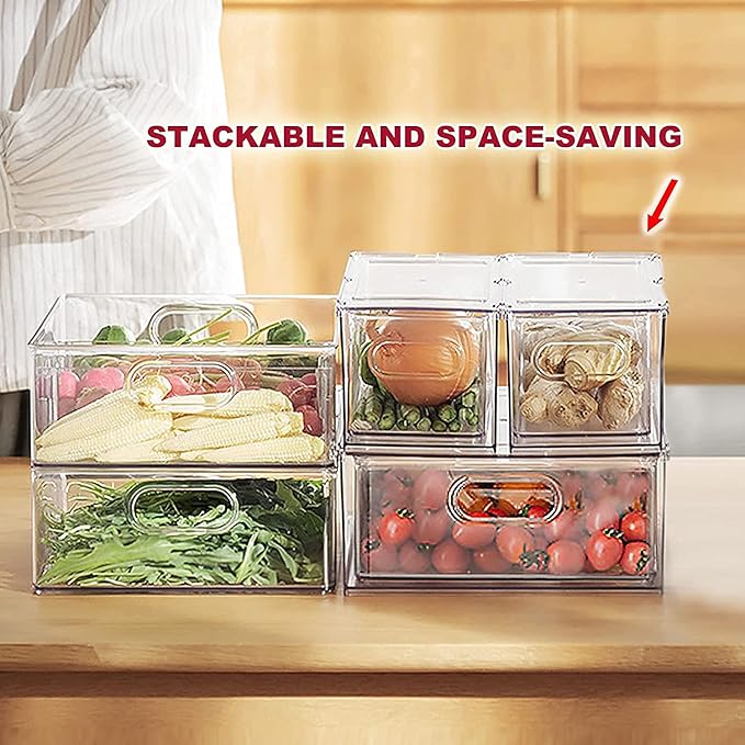 3 Pack Refrigerator Organizer Bins with Pull-out Drawer, Large Stackable Fridge Drawer Organizer Set with Handle, Drawable Clear Storage Cases for Freezer, Cabinet, Kitchen, Pantry Organization