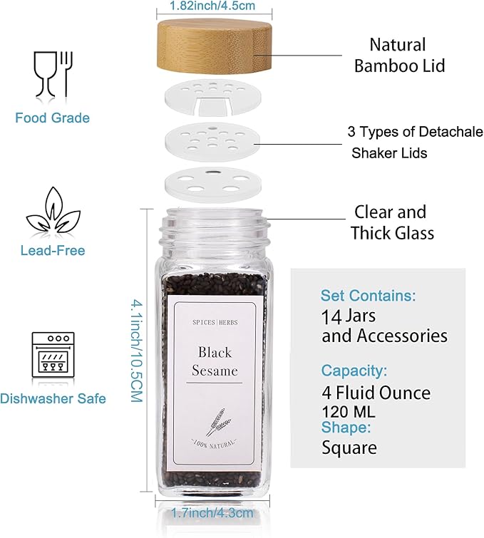 14 Glass Spice Jars with Bamboo Airtight Lids and 5 Types of Spice Labels-4oz Empty Square Spice Bottles with Shaker Lids and Silicone Collapsible Funnel,Test Tube Brush,Bamboo Spoons