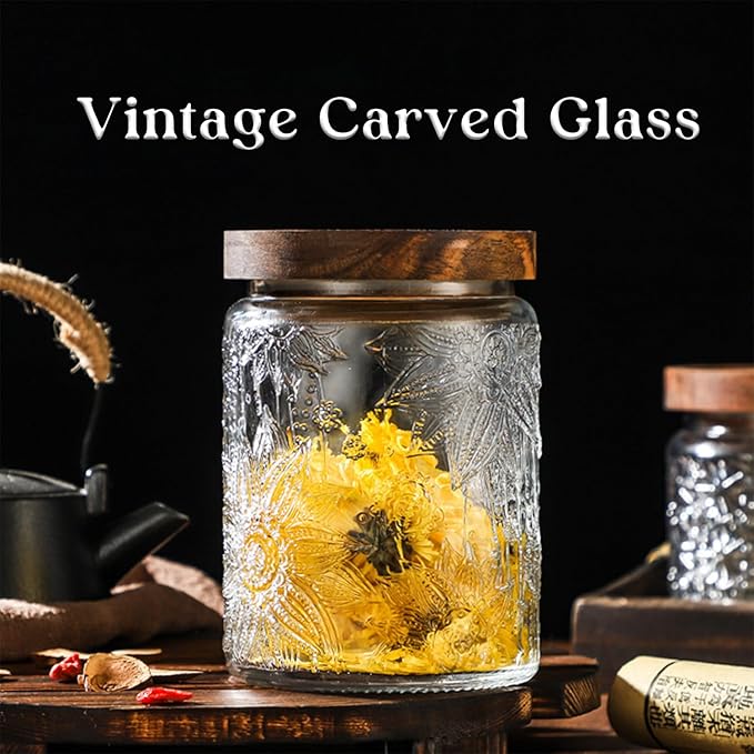 Vintage Glass Jar With Airtight Lid, Spice Jars Overnight Oats Containers Glass Storage Containers Kitchen Storage Containers for Sugar, Coffee, Tea,Candy Cookie,Pasta,Cereal