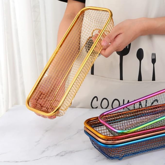 Kitchen Flatware Drawer Organizer, 2pcs Stackable Mesh Cabinet Storage Basket, Stainless Steel Kitchen Utensils Filter Drying Rack Holder for Knives, Fork, Spoon Chopsticks (Purple)