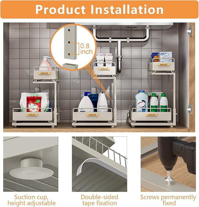 Under Sink Organizer, High Adjustable 2 Tier Under Kitchen Sink Organizer, Multi-Purpose Storage Shelf for Kitchen Bathroom Cabinet, Gray