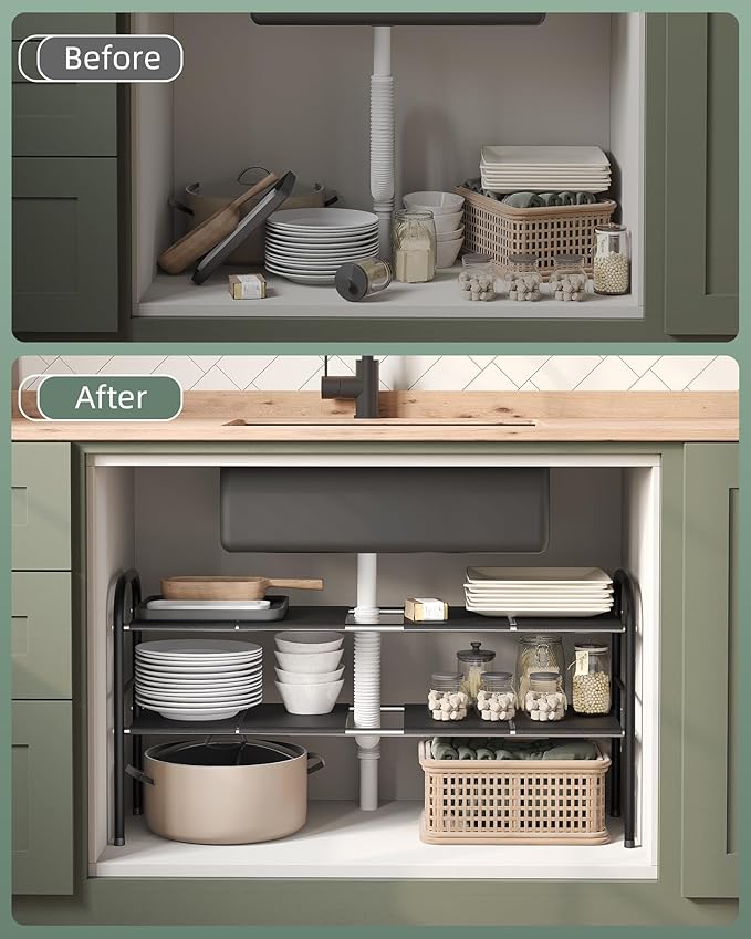 NETEL 2 Pack Under Sink Organizers and Storage,Expandable Under Cabinet Organizer Shelf with 8 Removable Panels,Expandable Shelf for Cupboard,Kitchen,Bathroom,Shoe Storage Rack