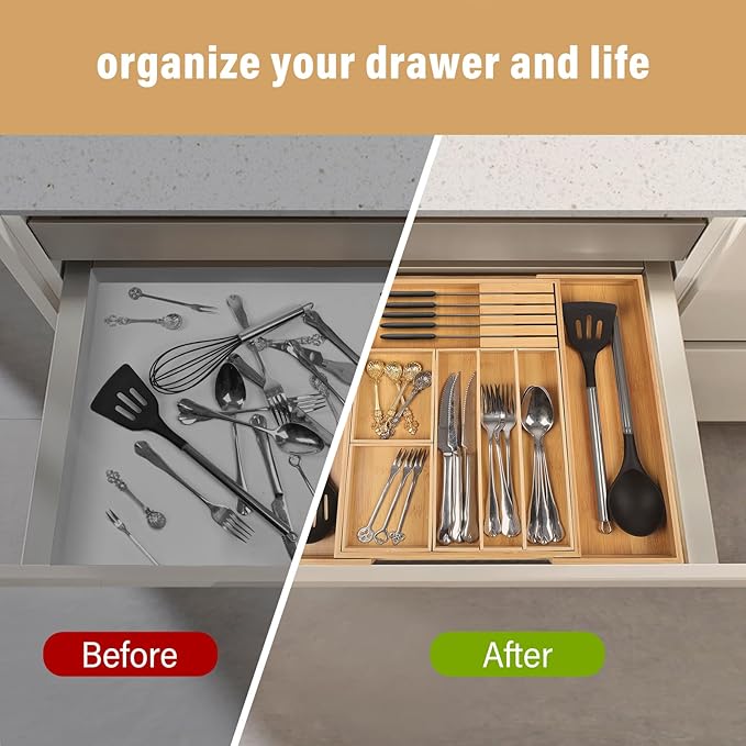 comfoyar Bamboo Kitchen Drawer Organizer, Expandable Silverware Cutlery Tray with Removable Grooved Drawer Dividers and Knife Block, for Flatware and Kitchen Utensils, 3-10 Slots Natural