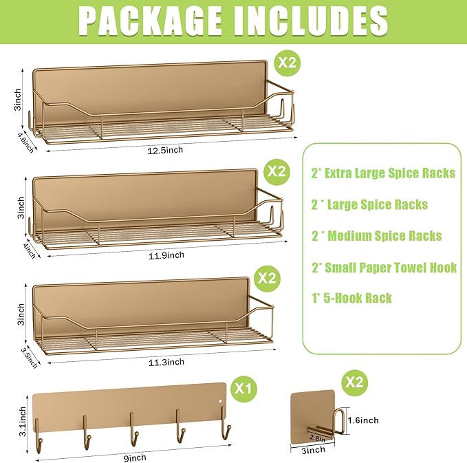 Magnetic Spice Rack for Refrigerator, 9 Pack Magnetic Fridge Shelves W/Adjustable Paper Towel Holder, Hook Rack, Moveable Spice Organizer Shelf for Kitchen Organization and Storage (Brown)