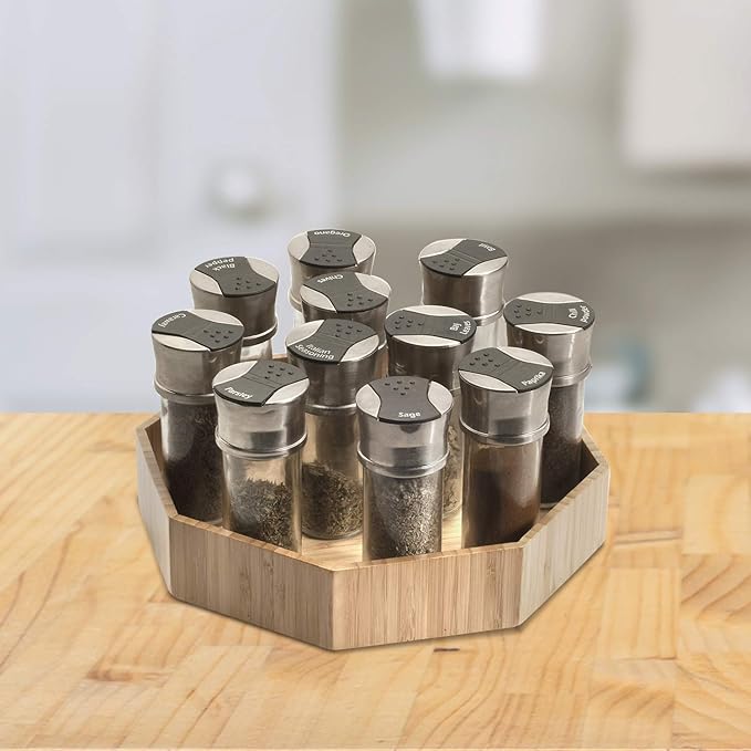 MobileVision Bamboo 360 Rotating Spice Rack & Sauce Spinning Tray for Cabinets & Tabletops with Lazy Susan Turntable, 10” Diameter with 2” Ledge