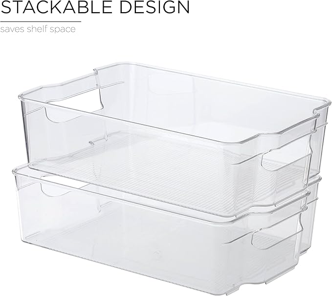 SIMPLEMADE Clear Refrigerator Organizer Bins - Clear Bins for Fridge, Containers for Fridge and Freezer, Multipurpose Storage for Kitchen, Office, Bathroom, Pack of 4 (8" x 12")