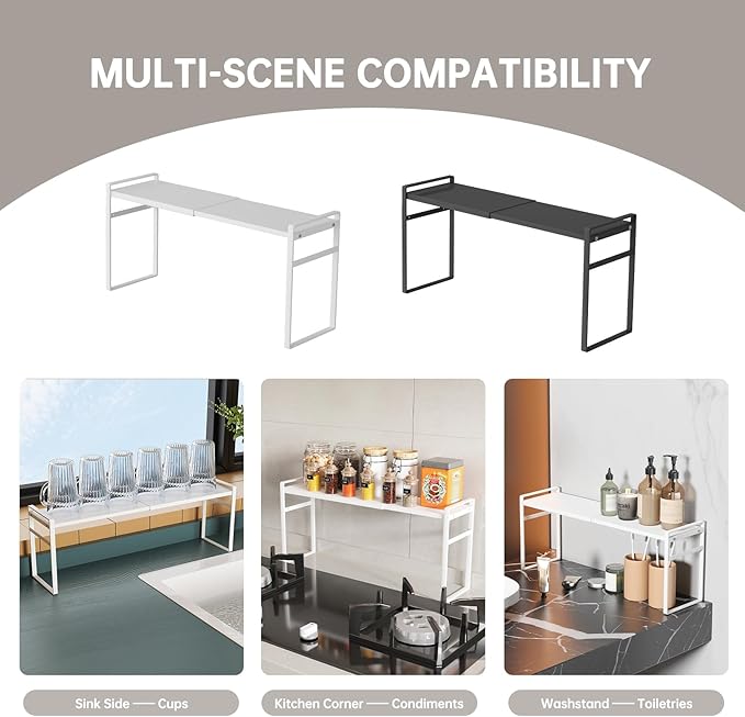 Expandable Metal Spice Organizer Shelf, Standing Small Narrow Rack for Seasonings, Adjustable Kitchen Storage Shelf Countertop (White, L13.7-23.6''*W3.54''H7'')
