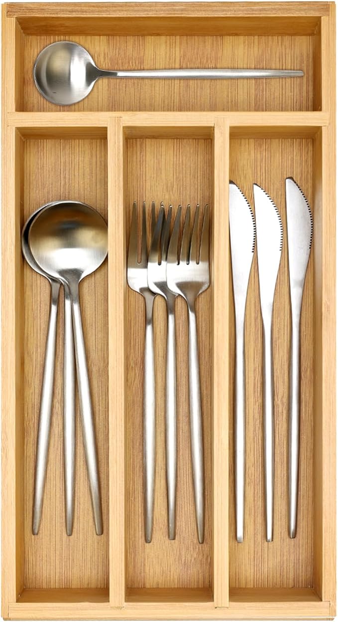 Bamboo Silverware Drawer Organizer Small Cutlery Tray Wooden Kitchen Utensil Drawer Organizer Skinny Flatware Caddy Wood Utensil Holder Drawer Spoon Fork Cutlery Organizer Narrow Silverware Tray