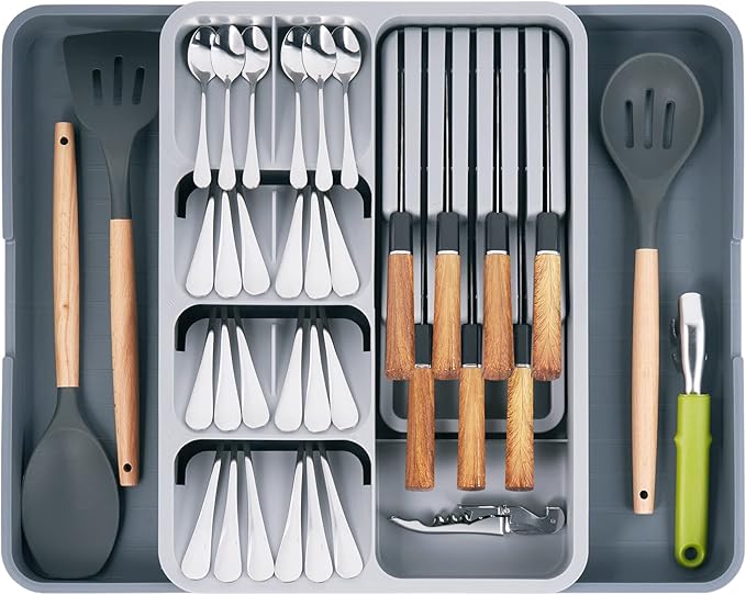 Kitchen Utensil Drawer Organizer, Removable 2-Tier Knife Holder, Expandable Cutlery Tray for Silverware, Flatware and Utensils, Large Kitchen Drawer Dividers for Spoons, Forks, Knives, Gray