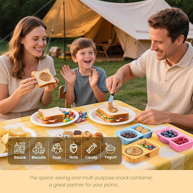 Silicone Reusable Snack Containers with Lids, 3 Pack Double/2 Compartment Snackle Box Container for Salad Sauce, Condiment Containers with Lids for Portion Control, Travel, Picnic