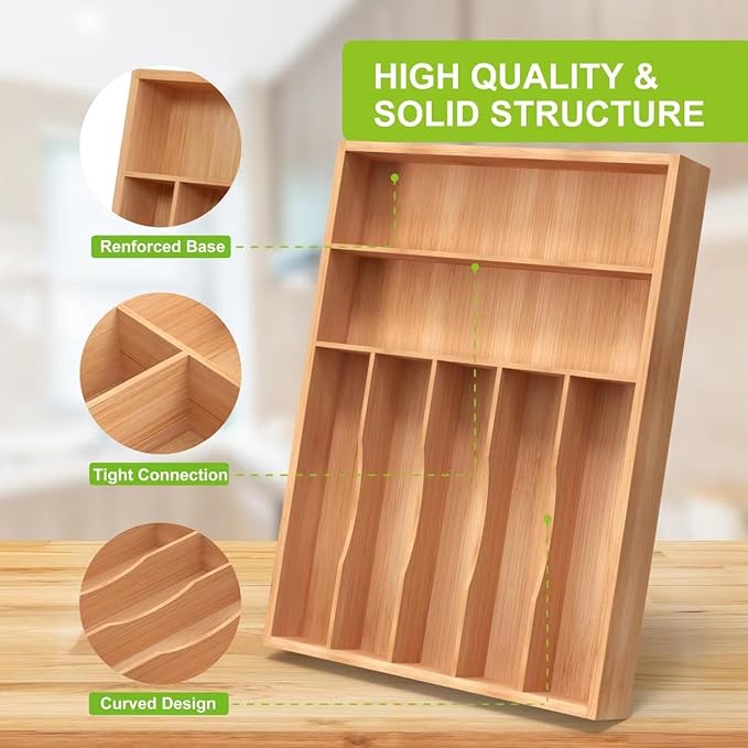 Sliverware Organizer, Bamboo Kitchen Drawer Organizer, Flatware Organizer Tray Holder for Sliverware, Utensil & Cutlery (7 Slots, Natural)