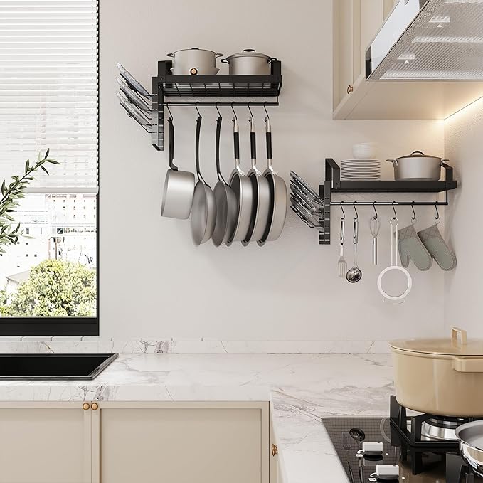 X-cosrack Pot Racks Wall Mounted Set of 2,with Towel Bar and Pots Pans Lids Organizer, Kitchen Cookware Hanging Shelves with 12 Hooks, Black